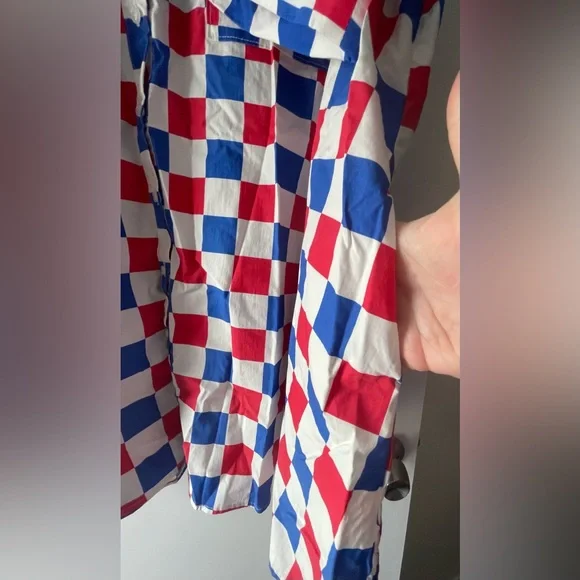 EUC FANTASTIC FAWN RED/WHITE/BLUE CHECKERED ALINE 33” LONG DRESS - LADIES SIZE L - Picture 3 of 5